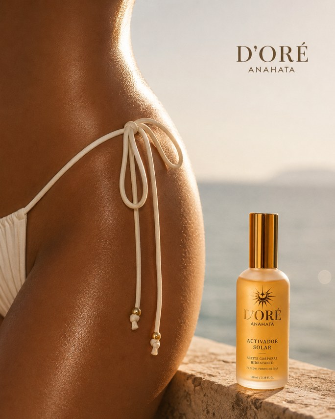 Piel bronceada junto al mar con el frasco del Activador Solar D'ORÉ Anahata sobre un muro de piedra.